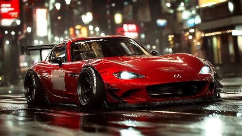 Red Mazda street racer in cinematic wet-night city scene.