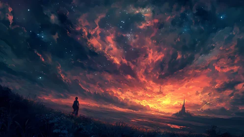 Wanderer Beneath the Inferno Sky of Distant Spires.