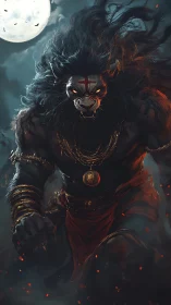 Fierce moonlit guardian strides through swirling embers.