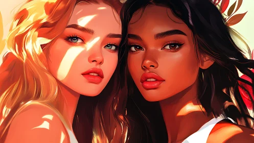 Digital painting portrait of dual sunlit female faces in profile.