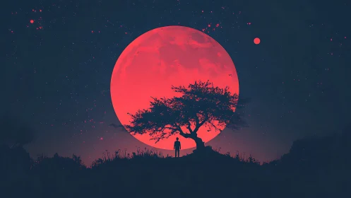 Solitary figure under vast red moon and night sky.