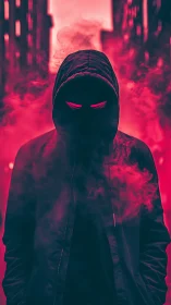Neon‑eyed hooded figure emerges from crimson urban smoke.