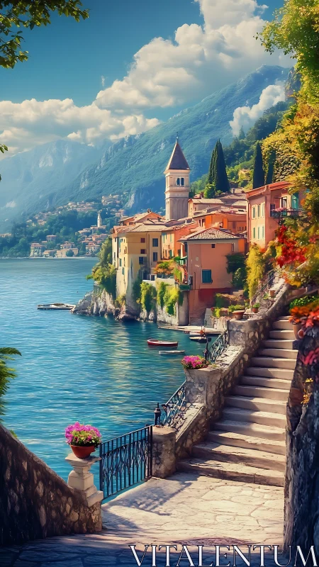 Lakeside Italian village staircase view with bell tower and Alps