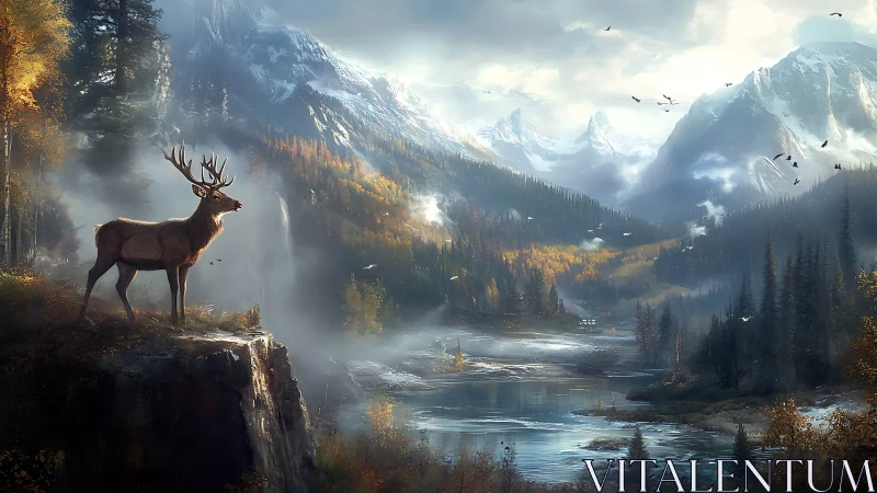 Stag overlooking misty river valley and snowy mountains.