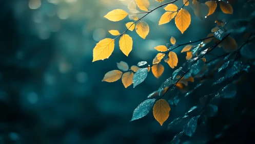 Yellow and blue-toned leaves hang sharply against soft bokeh