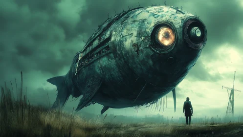 Giant rusted fish-shaped airship confronts lone figure