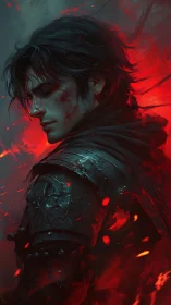 Brooding knight in ember storm with cinematic red glow.