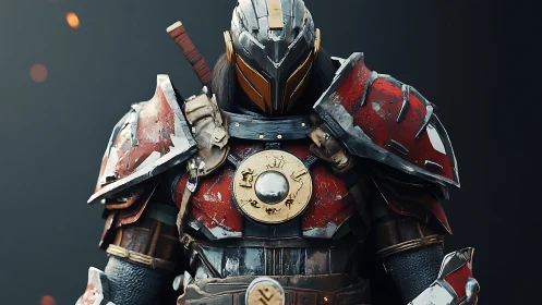 Battle-scarred crimson knight in layered plated armor.