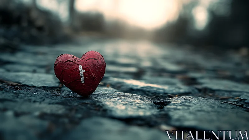 Red heart object placed on wet asphalt surface