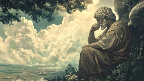 Contemplative winged figure overlooking distant valley.