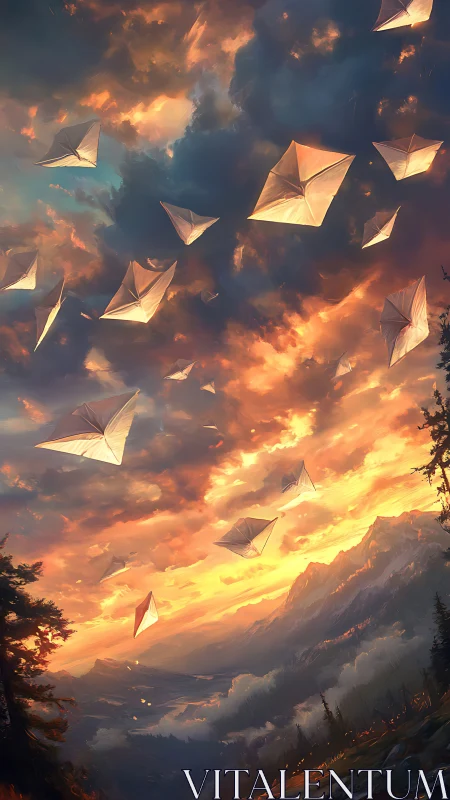 Paper kites over mountainous valley beneath sunset sky.