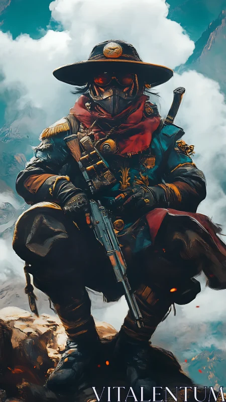Masked gunslinger kneels on cliff in dramatic fantasy storm.