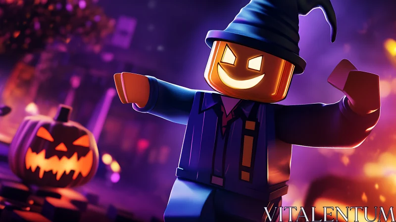 Lego pumpkin-headed wizard strides through neon Halloween street