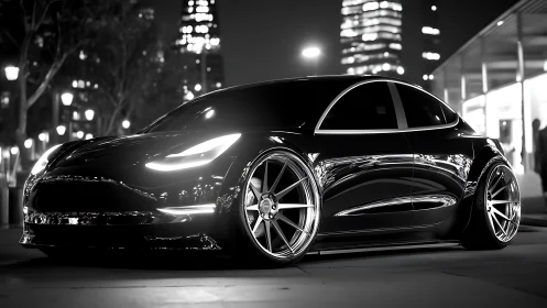 Sleek electric sports sedan glows under futuristic city lights