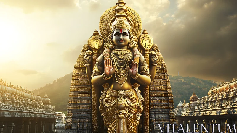 Golden Hindu deity statue before temple complex at dusk.