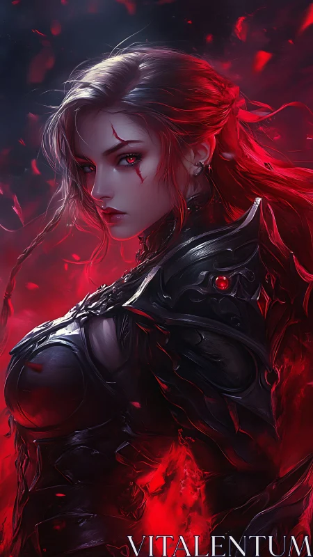 Armored female figure stands in red-illuminated environment