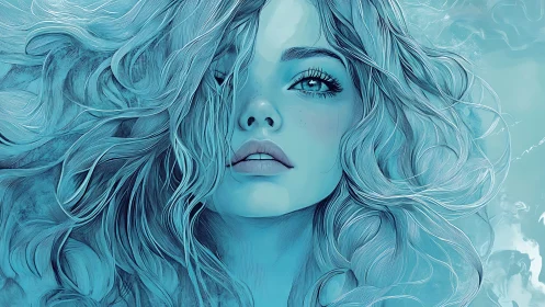 Ethereal blue portrait captures a dreamy, oceanic reverie
