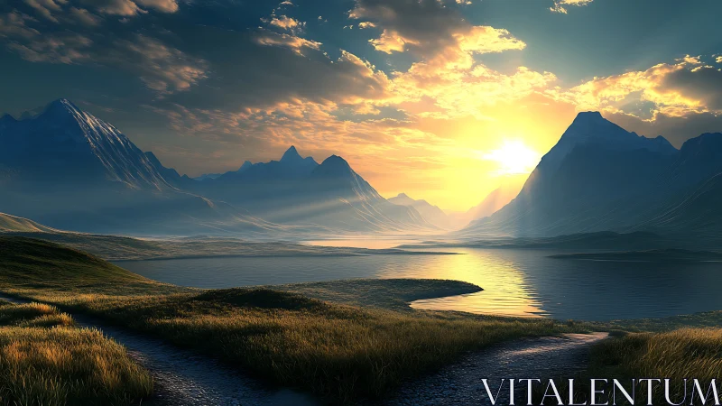 Sunlit mountain lake valley with forked dirt path foreground