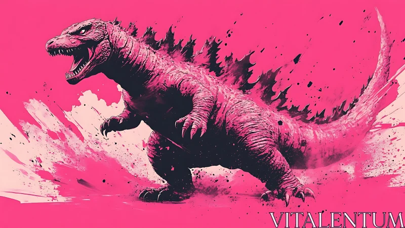 Monochrome magenta kaiju charge with dynamic ink splatter