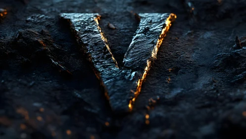 Dramatic molten stone letter V in dark textured environment.