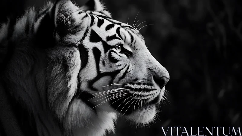Moonlit white tiger in regal monochrome side profile study.