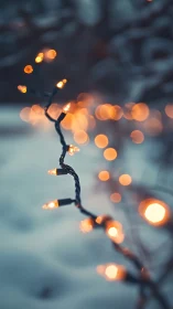 Winter dusk string lights with dreamy bokeh glow outdoors.