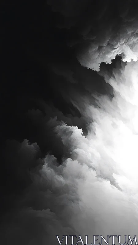 Monochrome storm clouds swirl toward a stark white light