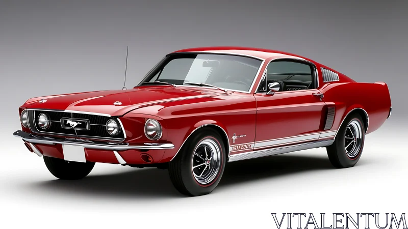 Red classic Ford Mustang fastback on clean studio backdrop.