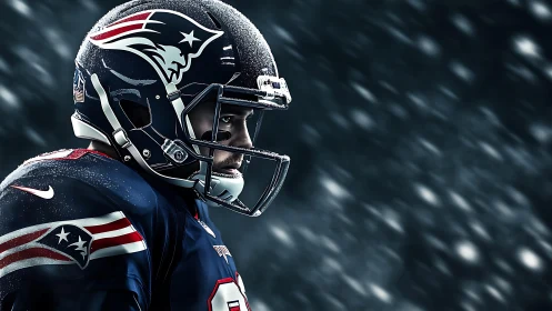 American football player stands focused in snowy stadium tunnel