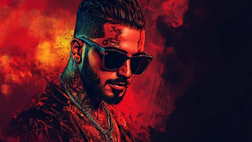Tattooed man in sunglasses rendered in red digital painting