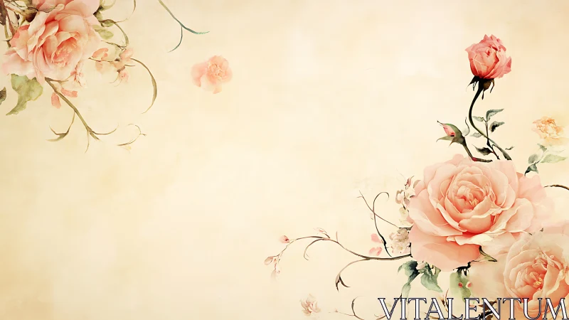 Watercolor rose vignette on warm parchment ground.