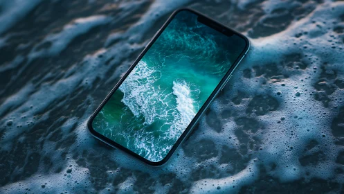 Smartphone with ocean screen immersed in foamy seawater