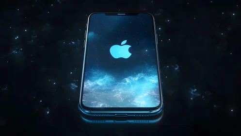 Futuristic iPhone with Glowing Apple Logo in Dark Cosmic Style.