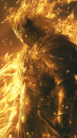 Armored humanoid figure stands within dense golden flames