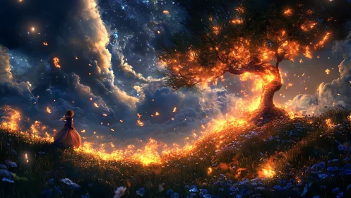 Ethereal Inferno: Solitary Figure Amid Celestial Fire Storm.