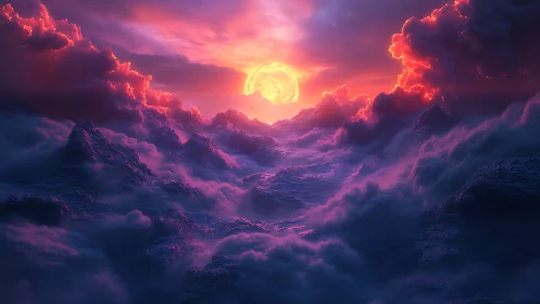 Sun-like sphere over cloud mountains in vivid light
