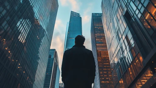 Solitary figure studies glass skyscrapers at sunset downtown