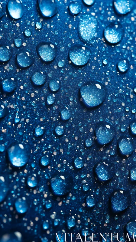 Macro water droplets on glossy blue textured surface.