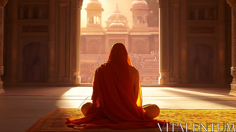Monk sits in ornate temple hall facing sunlit courtyard
