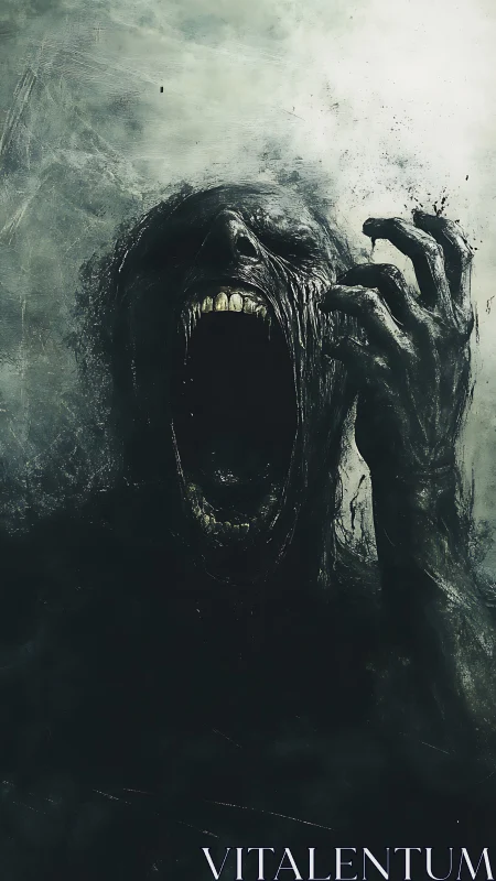 Eroded humanoid wraith screaming in dissolving shadow haze