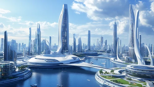 Futuristic Cityscape with Towering Skyscrapers and Blue Water