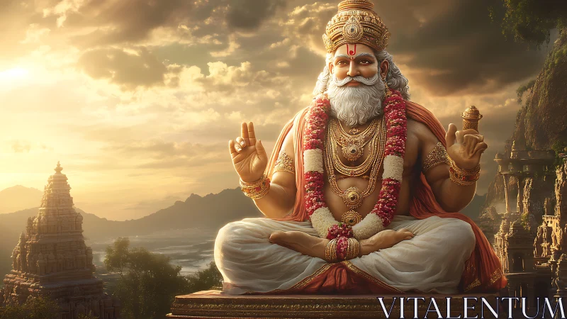 Seated robed deity statue with temples in landscape at dusk.