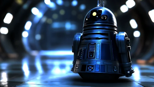 Curious little space droid glowing softly in a neon corridor.