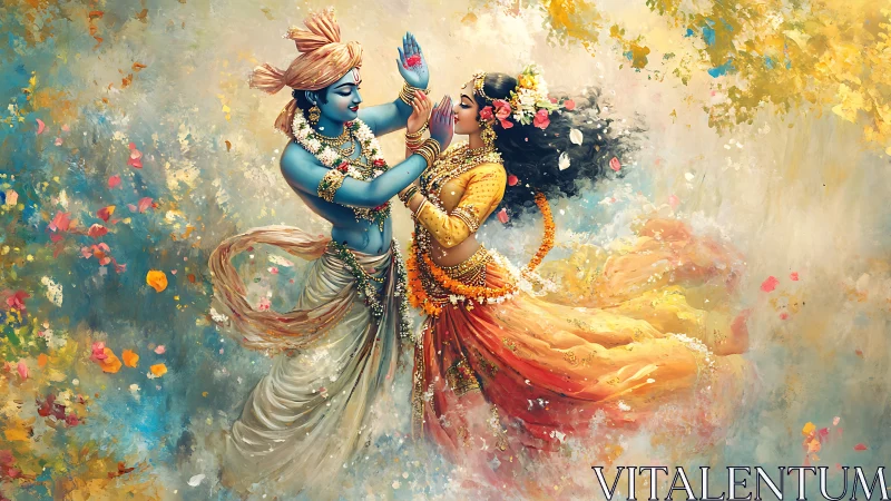 Joyful divine couple dancing in a swirl of color and light.