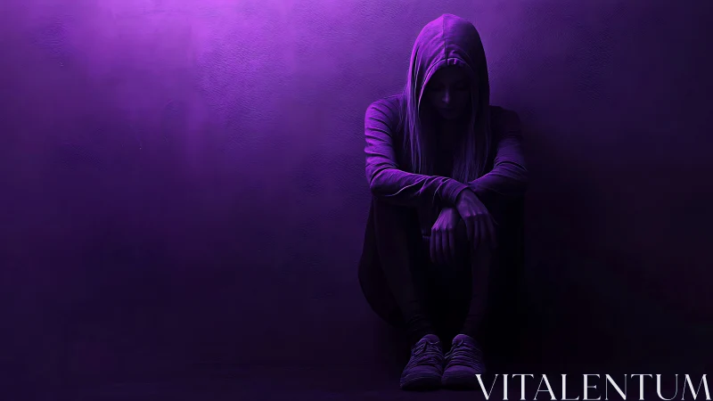 Solitary hooded figure in deep violet shadowed corner.