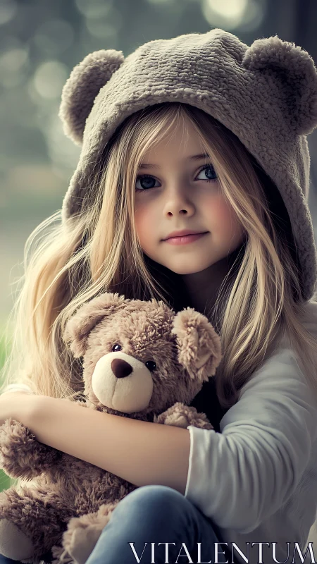 Bear-eared daydreamer cuddling her loyal plush guardian.