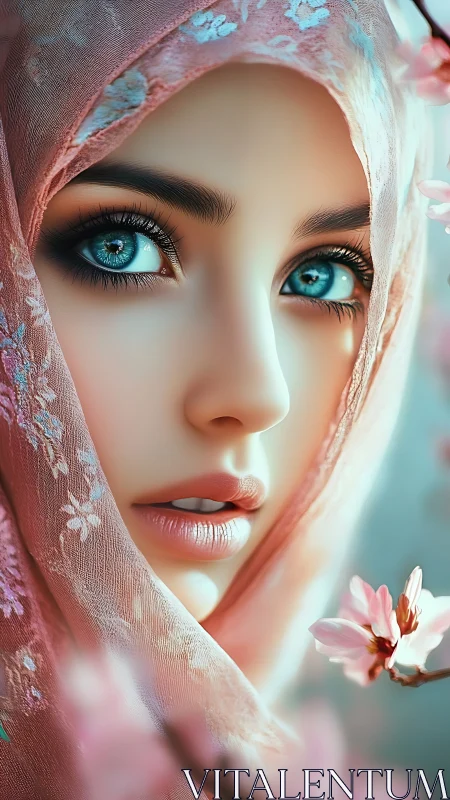 Blue-eyed woman framed by floral veil and blossoms.