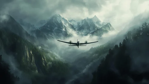 Plane entering misty alpine valley below sharp snowy peaks.