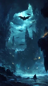 Dark cavern skyline swarms with luminous cyan bats
