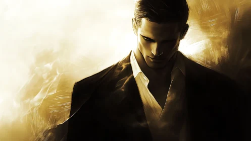 Solitary suited man stands in golden backlit shadow